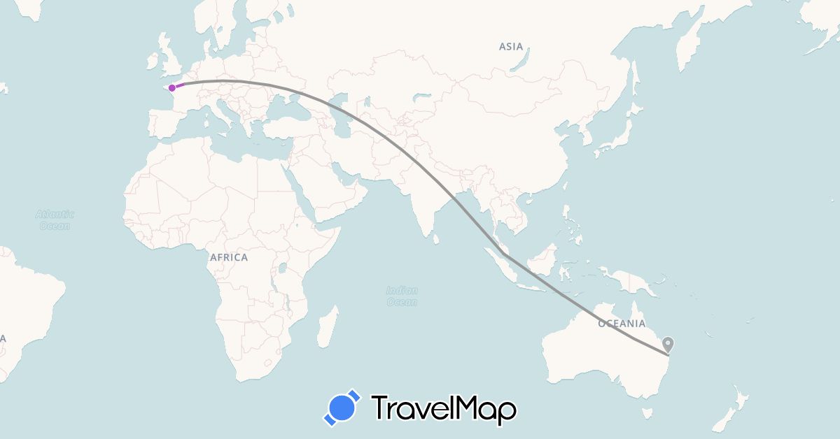TravelMap itinerary: plane, train in Australia, France, Malaysia (Asia, Europe, Oceania)